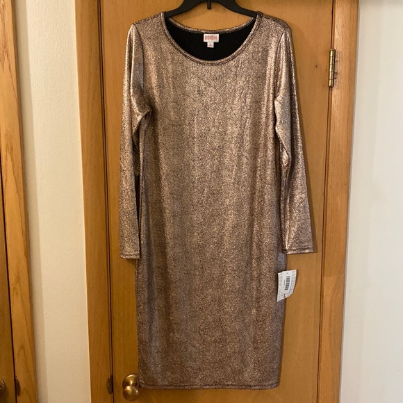 LuLaRoe Dresses & Skirts - Lularoe Debbie Long Sleeve Shift Dress Metallic Crackle Rose Gold New Large